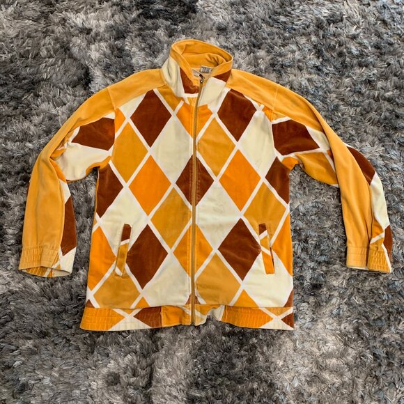 Vintage POPOLO Orange, Brown and White checkered Zip up sweater. Size XL - Picture 1 of 9